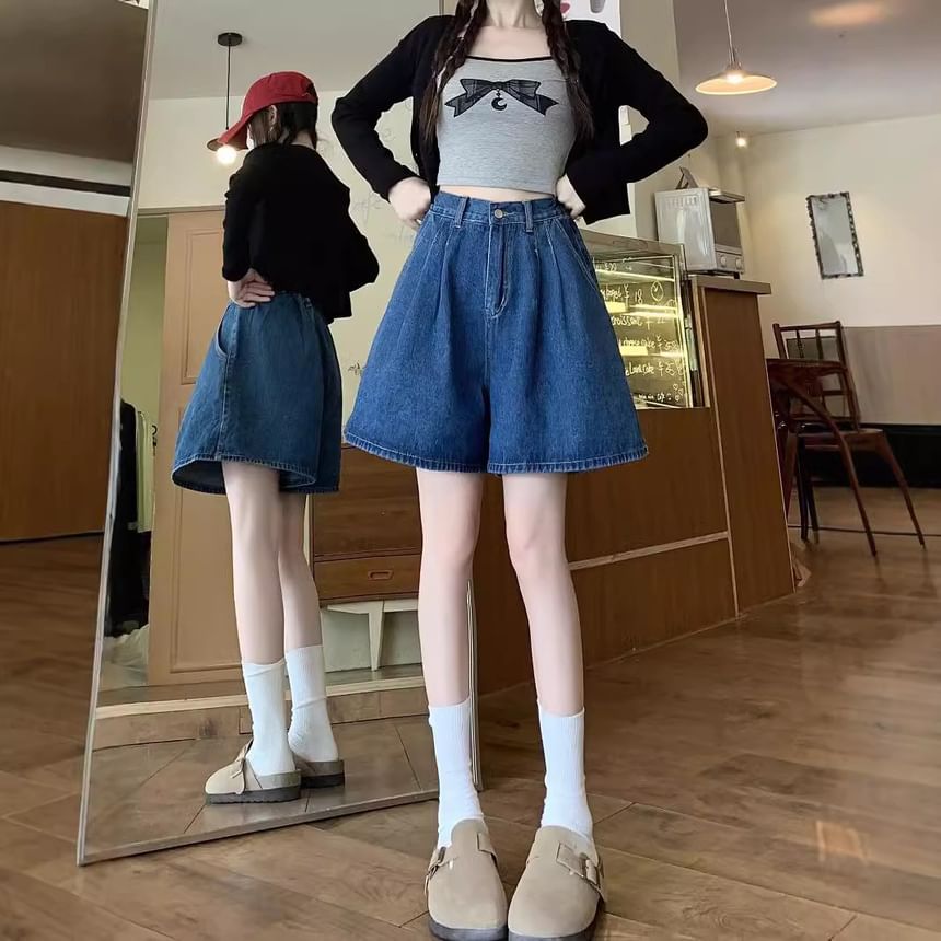 High Waist Wide Leg Denim Shorts