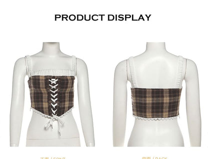 Plaid Lace Crop Cami & Asymmetrical Mini Skirt