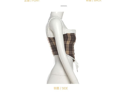 Plaid Lace Crop Cami & Asymmetrical Mini Skirt