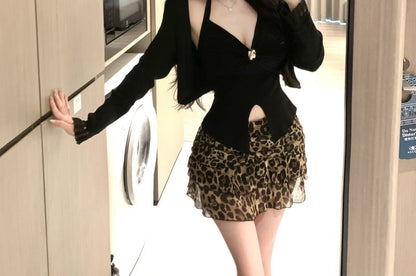 Halter V-Neck Cami Top / High Rise Leopard Print Mini Skirt / Cardigan