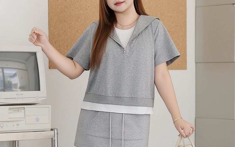 Half Zip Sailor Collar Top & Drawstring Waist Skirt