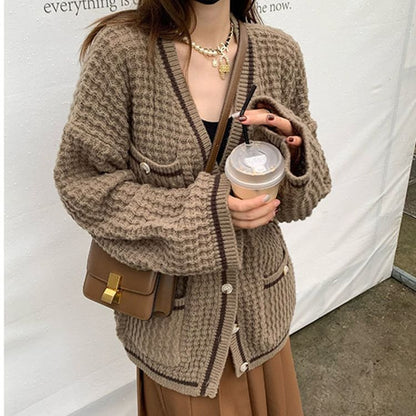 V-Neck Contrast Trim Button-Up Cardigan