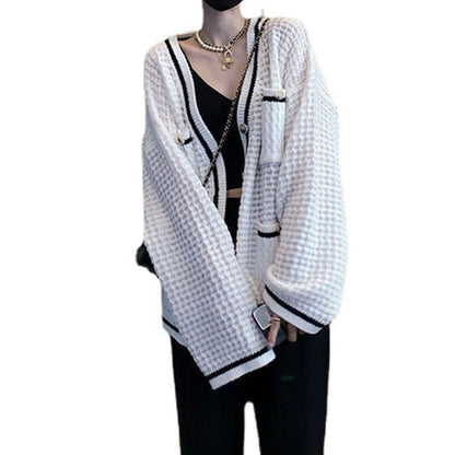 V-Neck Contrast Trim Button-Up Cardigan
