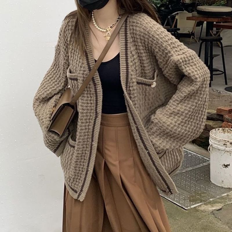 V-Neck Contrast Trim Button-Up Cardigan