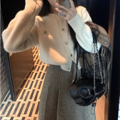 Crew Neck Button-Up Crop Cardigan