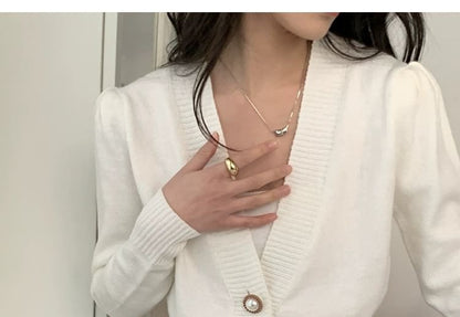 V-Neck Plain Faux Pearl Buttoned Crop Cardigan