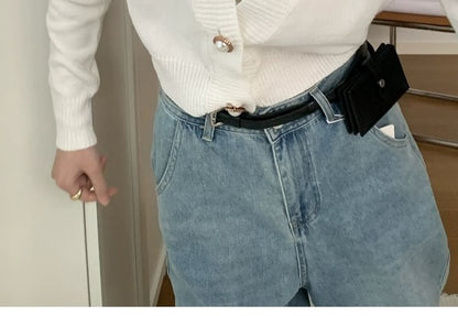 V-Neck Plain Faux Pearl Buttoned Crop Cardigan