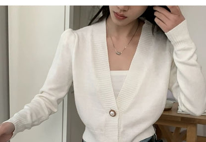 V-Neck Plain Faux Pearl Buttoned Crop Cardigan