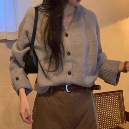 V-Neck Button-Up Plain Cardigan