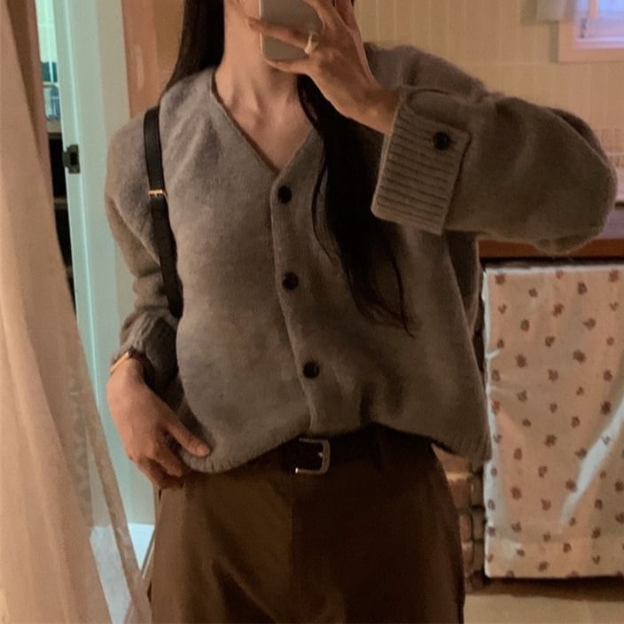 V-Neck Button-Up Plain Cardigan