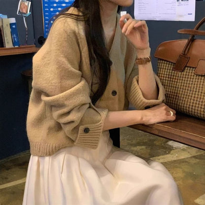 V-Neck Button-Up Plain Cardigan