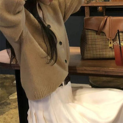 V-Neck Button-Up Plain Cardigan