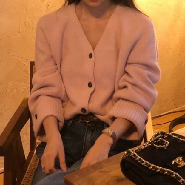 V-Neck Button-Up Plain Cardigan