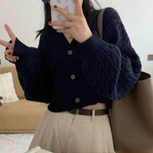 V-Neck Button-Up Plain Cable Knit Crop Cardigan
