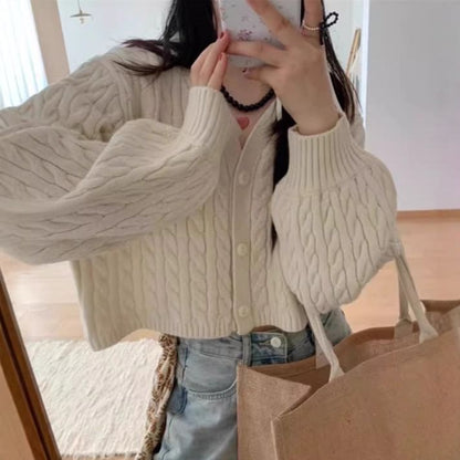 V-Neck Button-Up Plain Cable Knit Crop Cardigan