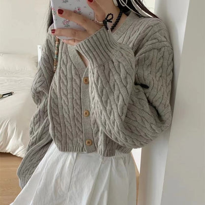 V-Neck Button-Up Plain Cable Knit Crop Cardigan