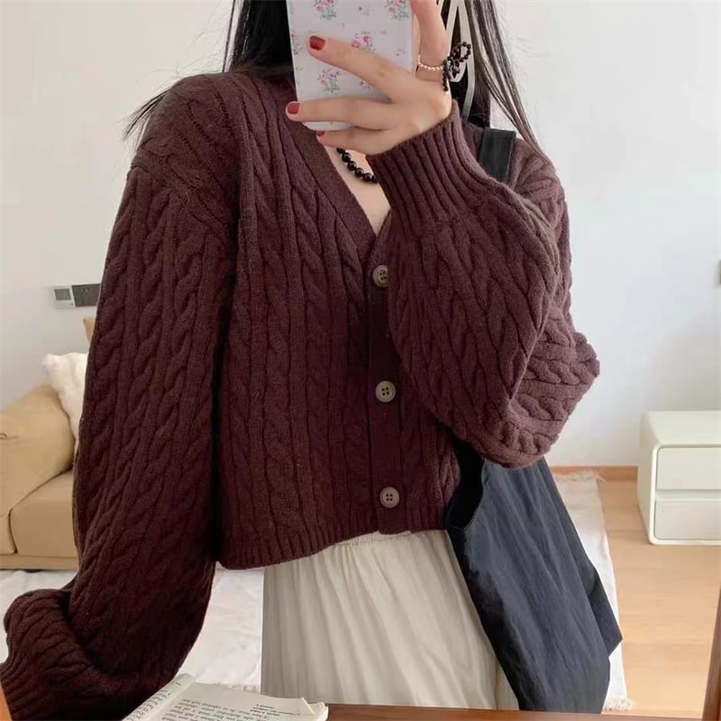 V-Neck Button-Up Plain Cable Knit Crop Cardigan