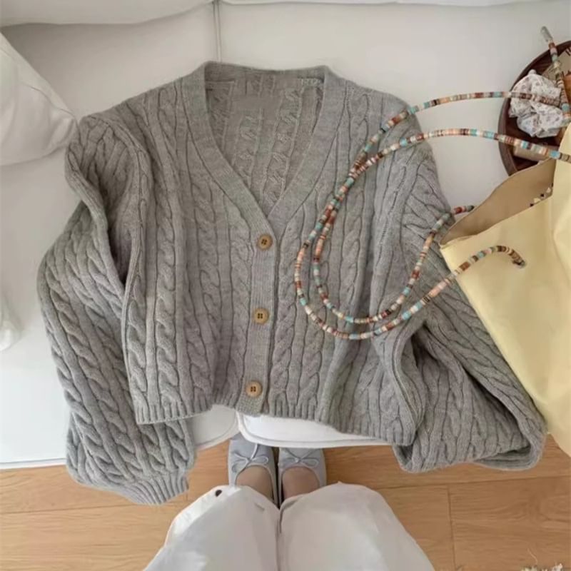 V-Neck Button-Up Plain Cable Knit Crop Cardigan