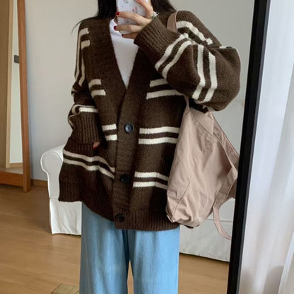 V-Neck Striped Button-Up Cardigan