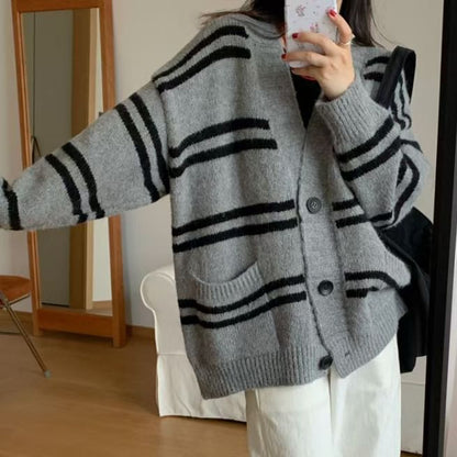 V-Neck Striped Button-Up Cardigan