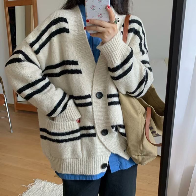 V-Neck Striped Button-Up Cardigan