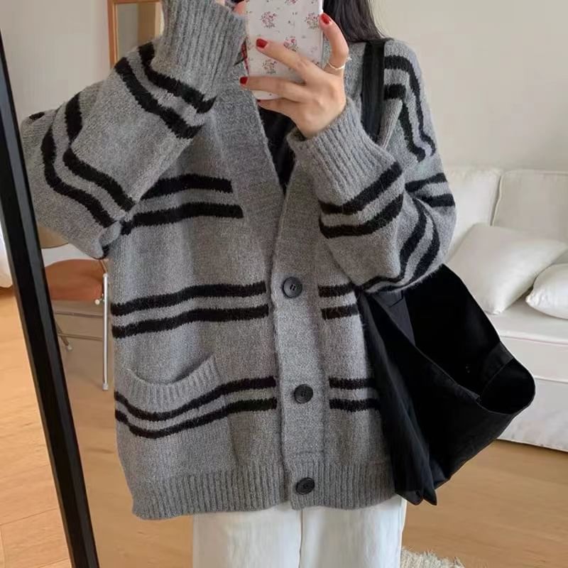 V-Neck Striped Button-Up Cardigan
