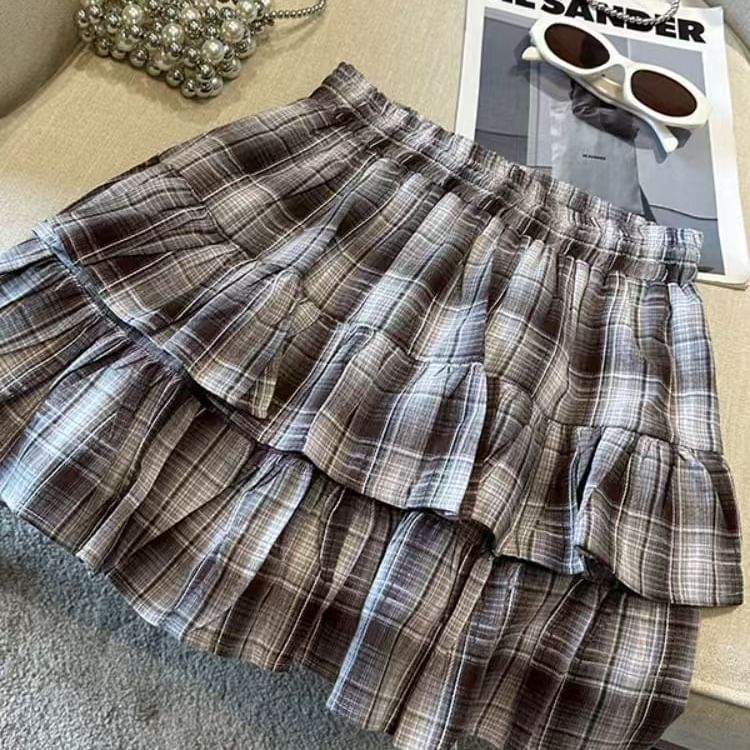 Plaid Layered High Waist Mini A-Line Skirt