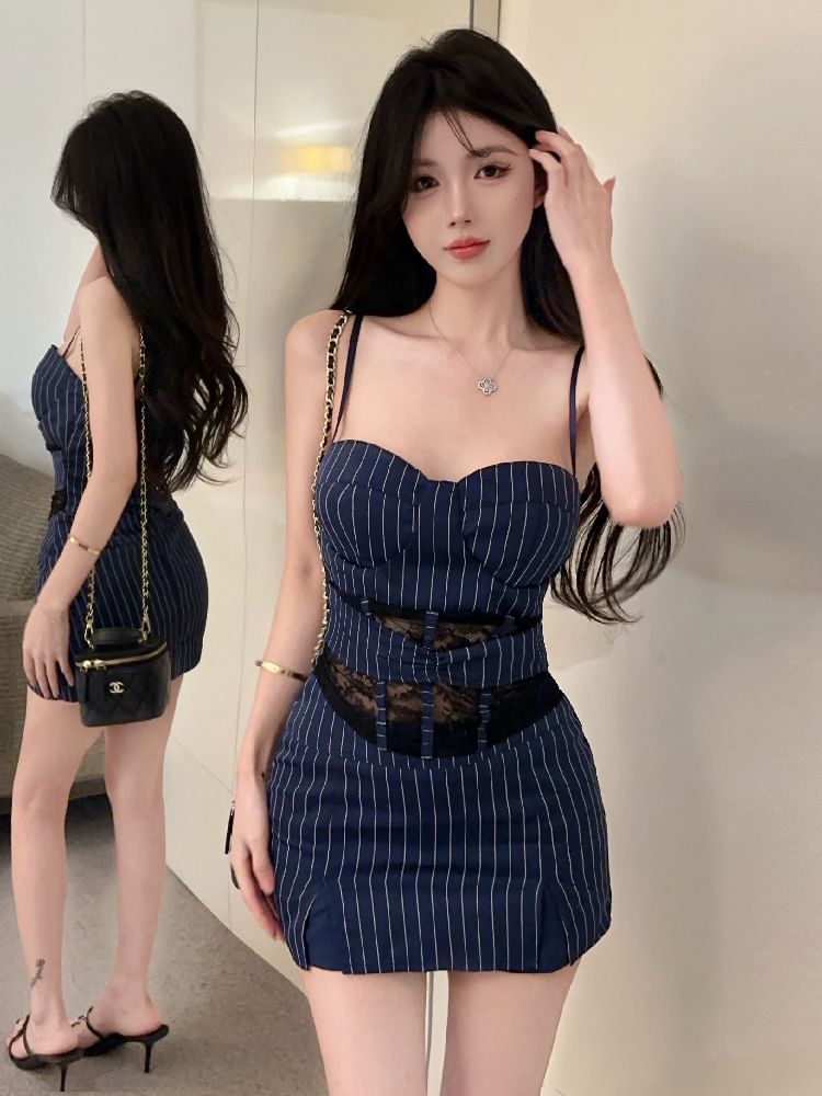 Pinstriped Lace Cami & Slit Mini Skirt