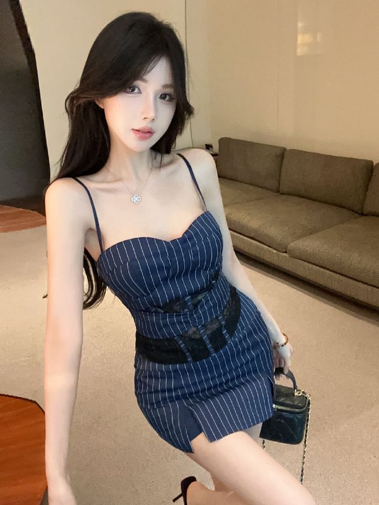 Pinstriped Lace Cami & Slit Mini Skirt