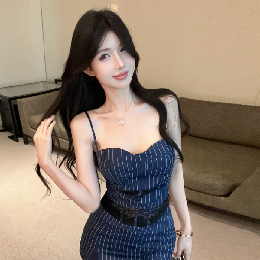 Pinstriped Lace Cami & Slit Mini Skirt