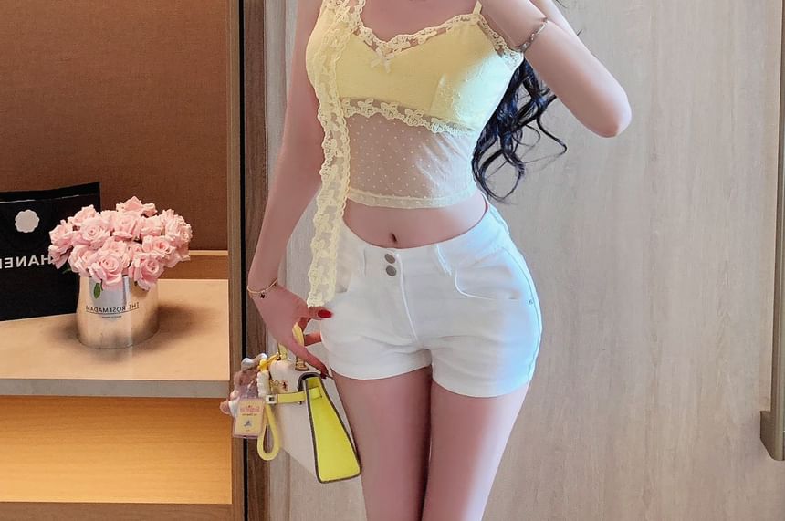 Dotted Mesh Lace V-Neck Cropped Cami Set with Skinny Scarf