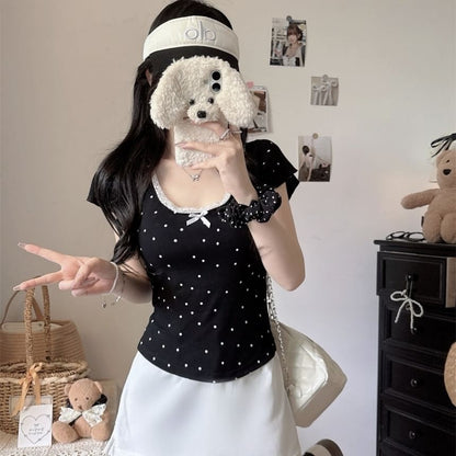 Dotted Lace-Trim Scoop-Neck Slim Cropped Short-Sleeved Tee