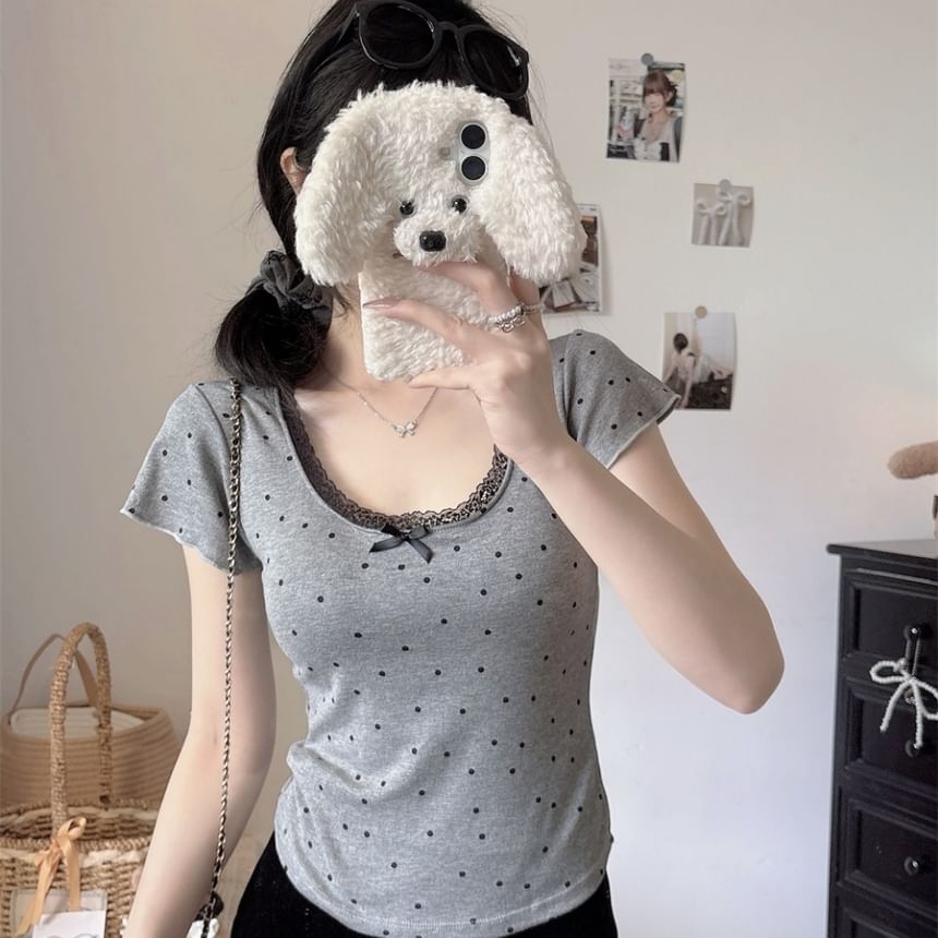 Dotted Lace-Trim Scoop-Neck Slim Cropped Short-Sleeved Tee