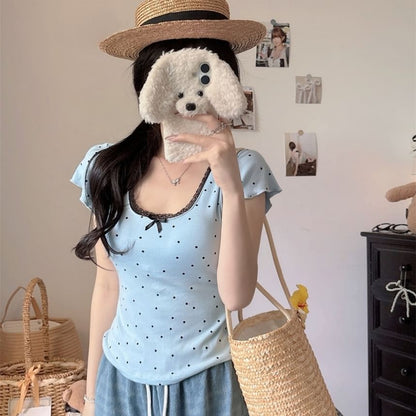 Dotted Lace-Trim Scoop-Neck Slim Cropped Short-Sleeved Tee