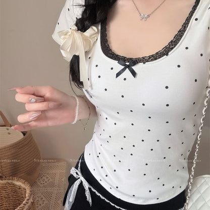 Dotted Lace-Trim Scoop-Neck Slim Cropped Short-Sleeved Tee