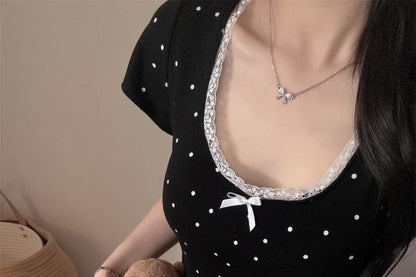 Dotted Lace-Trim Scoop-Neck Slim Cropped Short-Sleeved Tee
