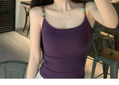 Plain Beaded Padded Scoop-Neck Cropped Tank