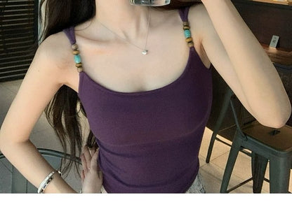 Plain Beaded Padded Scoop-Neck Cropped Tank