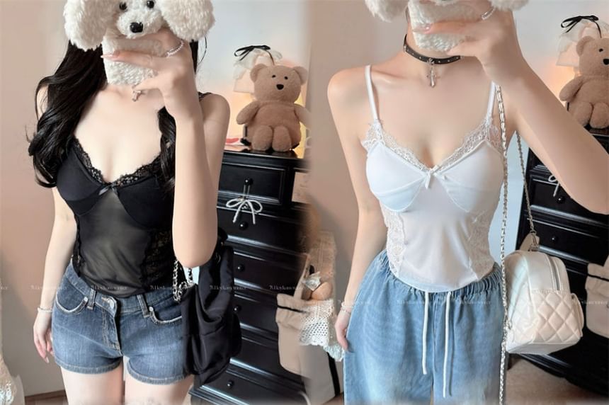 Lace-Paneled Padded Sheer V-Neck Cropped Camisole