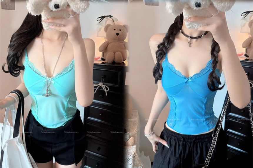 Lace-Paneled Padded Sheer V-Neck Cropped Camisole