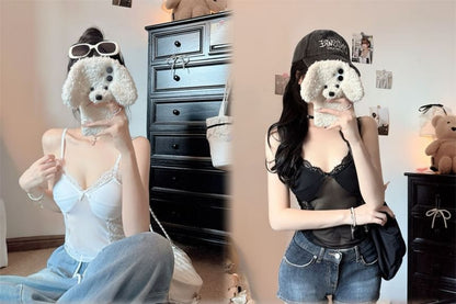 Lace-Paneled Padded Sheer V-Neck Cropped Camisole