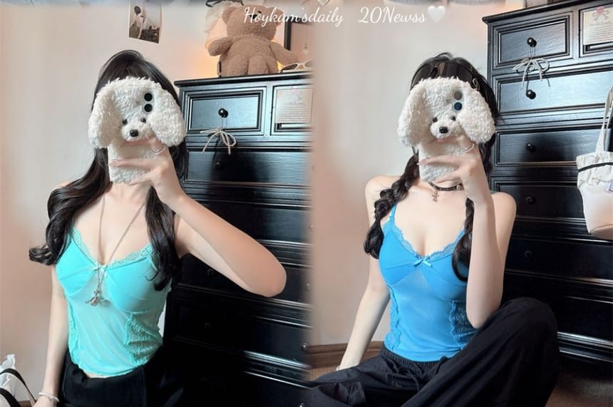 Lace-Paneled Padded Sheer V-Neck Cropped Camisole