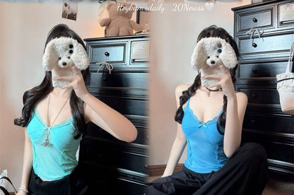 Lace-Paneled Padded Sheer V-Neck Cropped Camisole