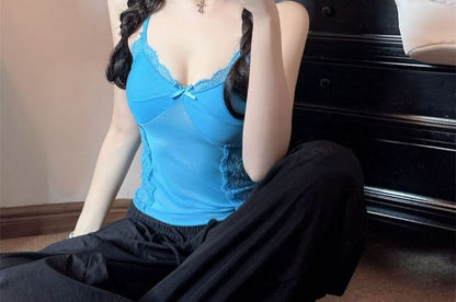 Lace-Paneled Padded Sheer V-Neck Cropped Camisole