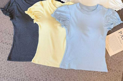 Plain Ribbed Padded Round-Neck Short-Sleeved Cropped Tee