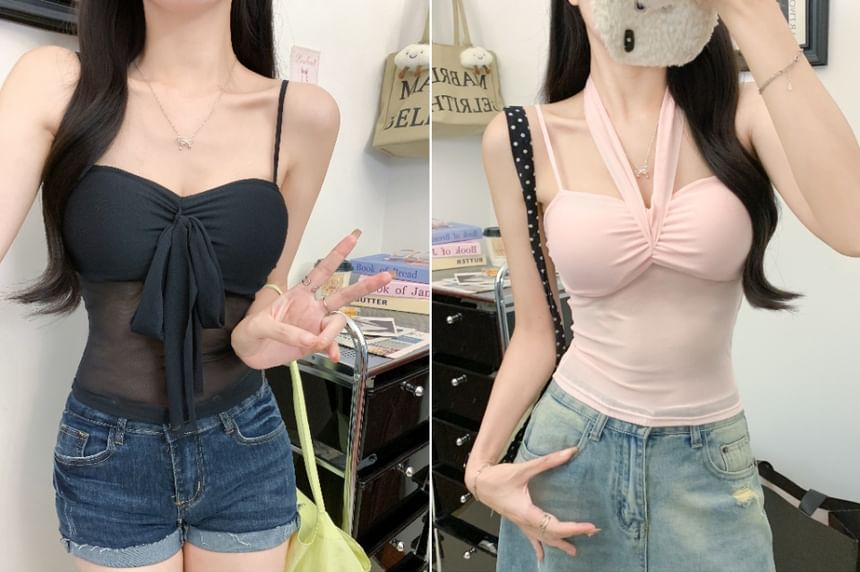 Plain Padded Sheer Halter Cropped Top