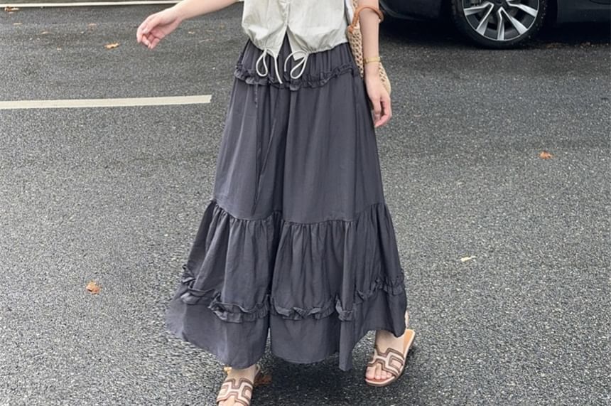 V-Neck Frill Drawstring Sleeveless Top & Ruffle Maxi Skirt