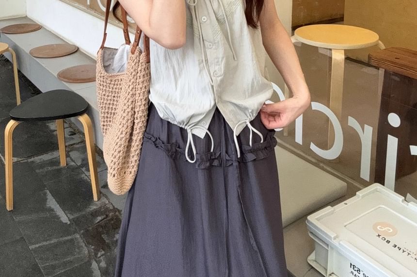 V-Neck Frill Drawstring Sleeveless Top & Ruffle Maxi Skirt