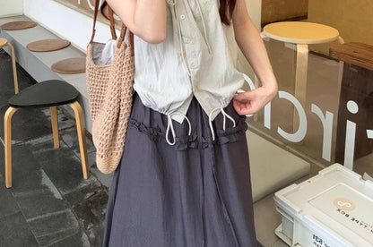 V-Neck Frill Drawstring Sleeveless Top & Ruffle Maxi Skirt