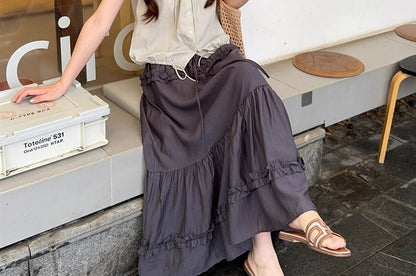 V-Neck Frill Drawstring Sleeveless Top & Ruffle Maxi Skirt